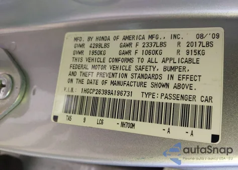 2009 Honda Accord 2.4 Lx from USA, damaged, VIN 1HGCP26399A196731